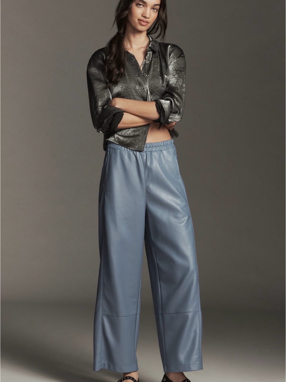 Anthropologie Pilcro Izzie Faux Leather Pull-On Barrel Pants Cloudy Blue Size 8